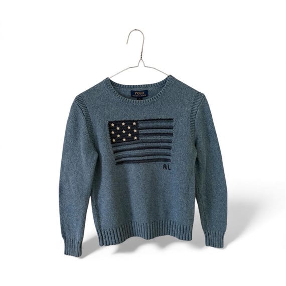 Vintage Polo Ralph Lauren Blue American Flag Sweater Youth Medium