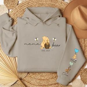 Mama Bear Hoodie, Winne The Pooh Mom Sweatshirt, Personalized Mum Hoodie, Custom Mama Hoodie with Children’s Name, Cute Mother’s Day Gift