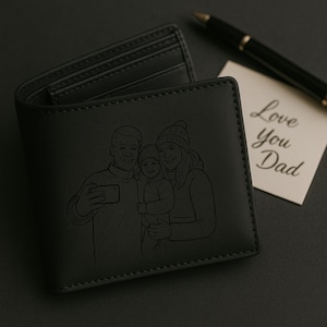 Individuell gravierte Herren Leder Geldbörse, Personalisiert mit Foto oder Text Geldbörse, Geschenk für Ehemann Papa, Ihre eigene Handschrift, Vatertagsgeschenk