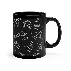 Travel Icons Mug Black Coffee Cup for Travelers Passport Plane Taxi Luggage Gift for Jetsetter Travel Lover Airport Aesthetic Mug