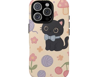 Black Cat Bow Phone Case for iPhone Samsung Google Pixel Cute Kawaii Cherry Yarn Floral Aesthetic Coquette Style Cutecore Accessory
