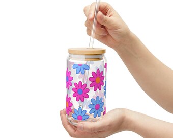 Bold Retro Flower Glass Cup for Iced Coffee Iced Matcha Smoothies Boba Tea 16oz Groovy Tumbler Reusable Summer Drinkware Cute Aesthetic