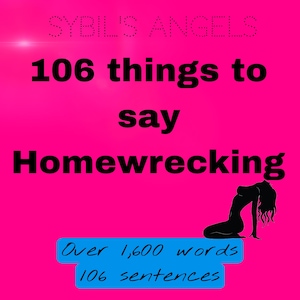 Może przedstawiać: Różowe tło z czarnym tekstem, który brzmi "Sybil's Angels 106 rzeczy do powiedzenia Homewrecking" i niebieskim pudełkiem z tekstem "Ponad 1600 słów 106 zdań". Czarna sylwetka kobiety znajduje się w prawym dolnym rogu.