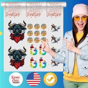 May include: A sheet of stickers featuring a bull, astronaut, and colorful geometric designs. The stickers are printed on a white background with the text "Connect with nature" at the top. The sheet is rolled up and held by a person wearing a pink hat and sunglasses.