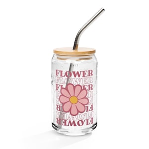 Flower Glass Can Cup with Lid, Pink Daisy Iced Coffee Cup, Retro Aesthetic Drinkware, Cute Coffee Cup, Gift for Her, Unique Gift Idea