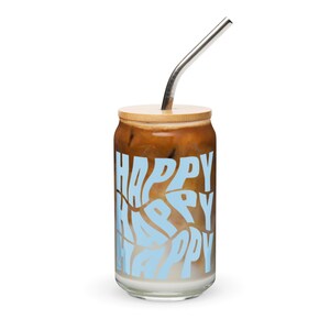 Happy Glass Can Cup: Bamboo Lid & Metal Straw - 16 oz Tumbler