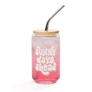 Sunny Days Ahead Glass Can Cup, Tumbler with Lid & Straw, Retro Summer Drinkware, Cute Glass Tumbler for Iced Coffee, Cute Gift for Her