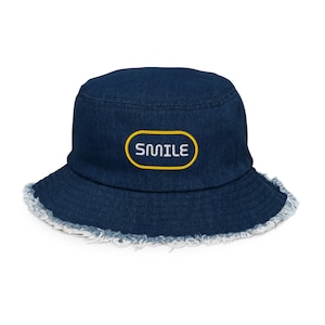 Distressed Denim Bucket Hat, Y2K Fashion, Bucket Hat with Smile Embroidery, Motivational Bucket Hat, Casual Hat, Gift for Her, Unique Gift