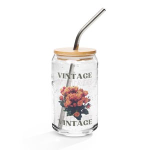 Vintage Floral Glass Can Tumbler with Bamboo Lid & Straw, Aesthetic Iced Coffee Cup, Retro Rose Glass, Gift for Her or Mom, Spring Gift Idea