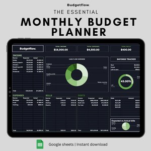 May include: A digital tablet displaying a monthly budget planner template on a Google Sheets spreadsheet. The template includes sections for income, expenses, bills, debts, and savings. The template is designed to help users track their finances and create a budget.
