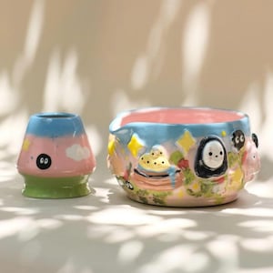 Whimsical Anime Inspired Matcha Set | 3D Fantasy Friends Ceramic Chawan & Whisk Holder | Art Pottery Tea Lover Gift