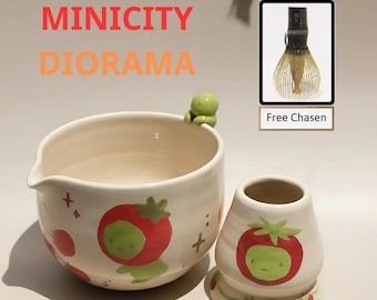 Handmade Ceramic Matcha Bowl Set: Animal & Fruit Pottery, Free Whisk