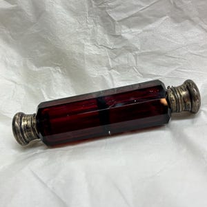 Victorian 1800’s Ruby Red Glass Perfume Bottle With Sterling Silver Double Endes Lids