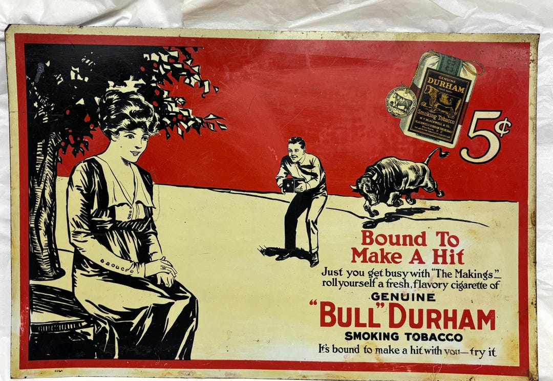 1920’s Rare Bull Durham Tin Tobacco Advertisement Sign Tobacciana
