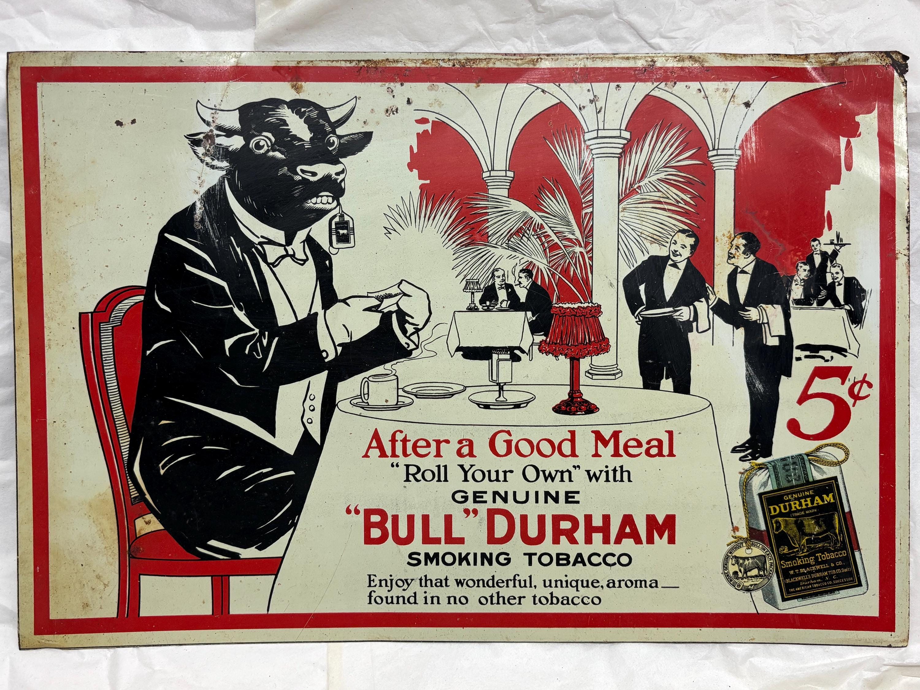 Rare 1920’s Bull Durham Tobacco Tin Advertisement Sign Tobacciana Smoking