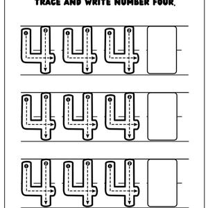 May include: Black and white worksheet with the number four. The worksheet has three rows of four numbers. The first three numbers in each row are traced with arrows showing the order to trace the number. The last number in each row is blank for the user to trace.