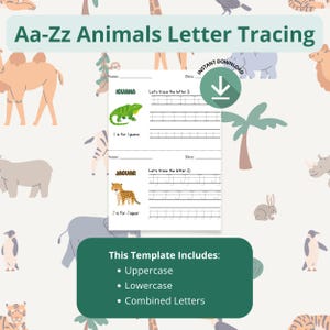 Folhas de exercícios para traçar letras de animais de A a Z | Maiúsculas e minúsculas | 13 páginas para impressão | Prática do alfabeto para crianças | Download em PDF