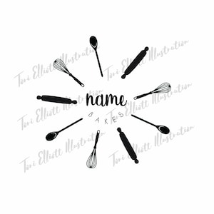 Puede incluir: Ilustración en blanco y negro de varias herramientas de repostería dispuestas en un círculo alrededor del texto "name BAKES". Las herramientas incluyen un rodillo, un batidor y una cuchara de madera.