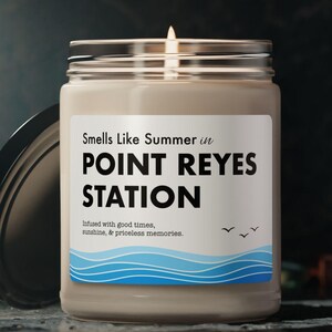 Pode incluir: Uma vela acesa num frasco de vidro com tampa prateada. O rótulo diz "Smells Like Summer in POINT REYES STATION". O rótulo também inclui o texto "Infused with good times, sunshine, & priceless memories".