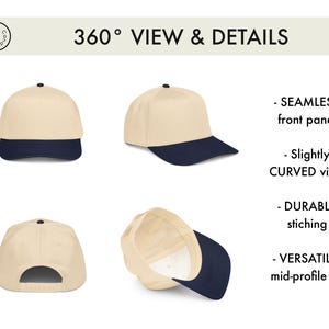 May include: A beige and navy blue baseball cap with a seamless front panel and a slightly curved visor. The cap has durable stitching and a versatile, mid-profile fit. The image shows the cap from multiple angles.