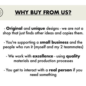 May include: A graphic with the text "WHY BUY FROM US?" lists reasons to buy from the shop, including original designs, supporting a small business, quality materials, and customer interaction.