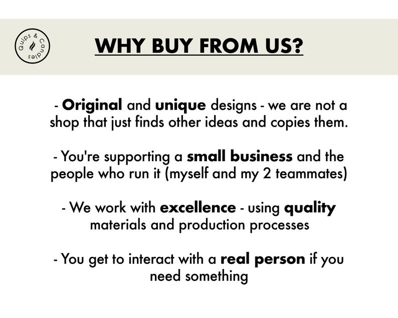 May include: A graphic with the text "WHY BUY FROM US?" lists reasons to buy from the shop, including original designs, supporting a small business, quality materials, and customer interaction.