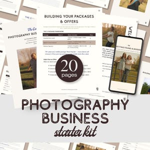 May include: A 20-page photography business starter kit document set featuring instructional text, tables for building packages and offers, and photographic examples of portrait sessions. The pages include headers like Building Your Packages & Offers.