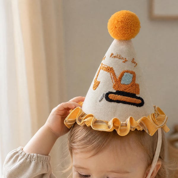 Personlig namnkrona för 1-årsdag, handgjord grävmaskinshatt, barns namnkrona, babypojkefesthatt, byggtema