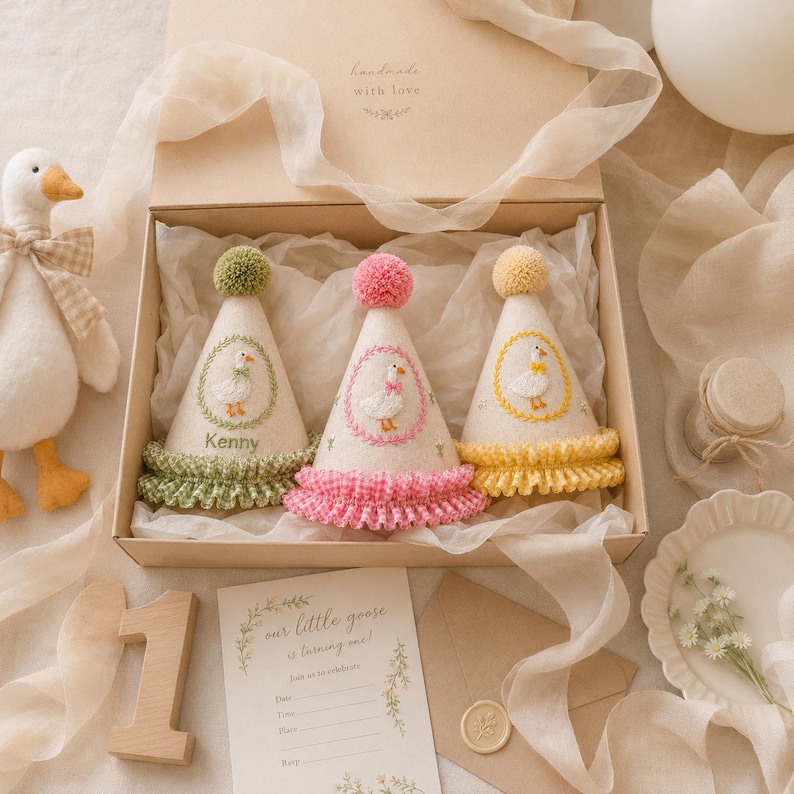 May include: Three cone-shaped party hats in a cardboard box, each featuring an embroidered goose inside a floral wreath. The hats have pom-poms and ruffled trim in green, pink, and yellow. One hat is personalized with the name Kenny.