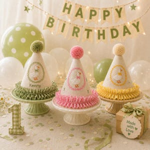 May include: Three cone-shaped party hats in beige fabric, each topped with a pom-pom and featuring an embroidered goose inside a floral wreath. The hats have ruffled gingham trim in green, pink, and yellow, with the name Kenny on the green one.