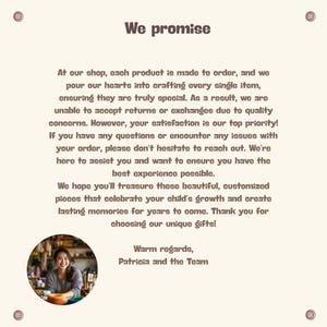 K&ouml;nnte beinhalten: Cremefarbene Grafik mit dem Text &bdquo;We promise&ldquo; oben. Der Text darunter beschreibt das Engagement des Shops f&uuml;r Qualit&auml;t und Kundenzufriedenheit, einschlie&szlig;lich eines Fotos einer l&auml;chelnden Person. Der Text endet mit &bdquo;Warm regards, Patricia and the Team&ldquo;.