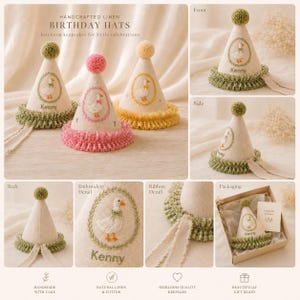 May include: Three cone-shaped birthday hats made of beige linen, each topped with a pom-pom and featuring an embroidered goose inside a wreath. The hats have ruffled trim in green, pink, or yellow, and the name Kenny is embroidered on the front.