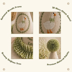K&ouml;nnte beinhalten: Eine Collage aus vier Bildern mit Handwerkselementen. Eines zeigt eine wei&szlig;e Gans mit orangefarbenen F&uuml;&szlig;en und einer gr&uuml;nen Schleife, die in einen botanischen Kranz gestickt ist. Ein weiteres zeigt eine gr&uuml;n-wei&szlig; karierte Bord&uuml;re. Der Text "Botanical Wreath Frame" und "Dreamy Gingham Trim" sind sichtbar.