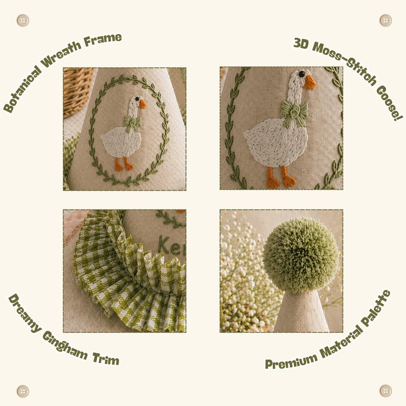 K&ouml;nnte beinhalten: Eine Collage aus vier Bildern mit Handwerkselementen. Eines zeigt eine wei&szlig;e Gans mit orangefarbenen F&uuml;&szlig;en und einer gr&uuml;nen Schleife, die in einen botanischen Kranz gestickt ist. Ein weiteres zeigt eine gr&uuml;n-wei&szlig; karierte Bord&uuml;re. Der Text "Botanical Wreath Frame" und "Dreamy Gingham Trim" sind sichtbar.