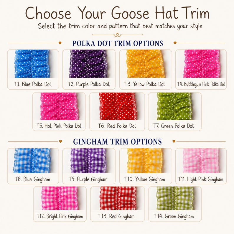 May include: A color chart titled Choose Your Goose Hat Trim displaying fourteen fabric trim options. The top section shows polka dot patterns in blue, purple, yellow, bubblegum pink, hot pink, red, and green. The bottom section shows gingham patterns in blue, purple, yellow, light pink, bright pink, red, and green.