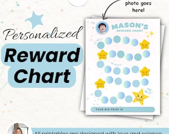 May include: A printable reward chart with a blue and white color scheme. The chart features a path of circles with stars and the text "You did it!" at the end. The chart is personalized with the name "MASON'S" and has a space for a child's photo. The text "Your big prize is:" is at the bottom of the chart.
