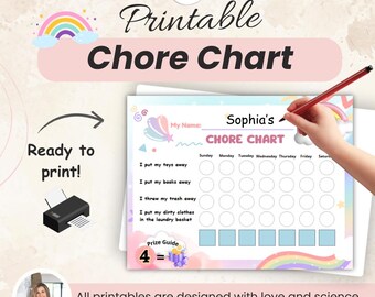 May include: A printable chore chart for kids featuring a rainbow and clouds design. The chart includes a space for a child's name, a list of chores, and a grid for tracking daily completion. The chart also includes a prize guide with a number 4.