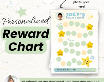 May include: A printable reward chart for children featuring a green and yellow colour scheme. The chart has a space for a child's photo, a title that says "Joey's Reward Chart", and a grid of circles with stars. The text "Your Big Prize Is:" is at the bottom of the chart.
