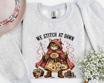 We Stitch At Dawn, Sewing Cat Shirt, Frog Seamstress Tee, Cat Art, Cottagecore Sewing, Fantasy Sewing Shirt, Cat Tailor Wizard