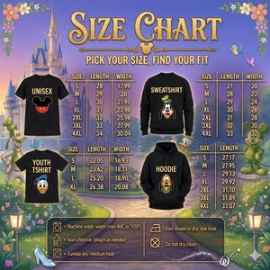 Puede incluir: Tabla de tallas para camisetas unisex, sudaderas, camisetas juveniles y sudaderas con capucha. La tabla incluye medidas de largo y ancho en cm para las tallas S, M, L, XL, 2XL, 3XL y 4XL. Tambi&eacute;n se incluyen instrucciones de cuidado.