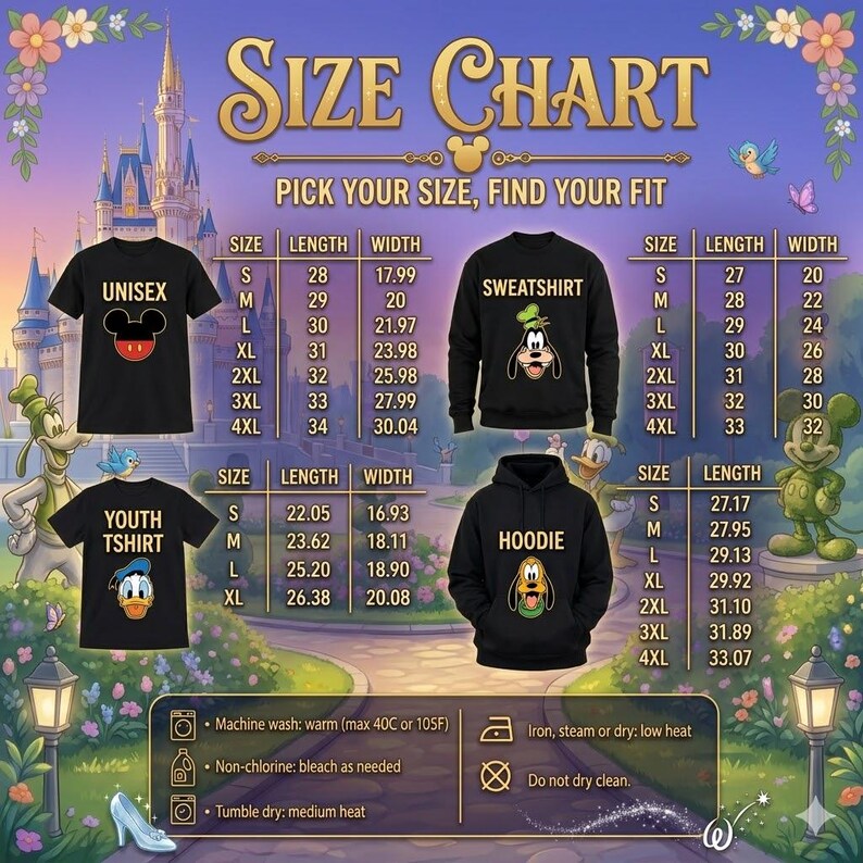 Puede incluir: Tabla de tallas para camisetas unisex, sudaderas, camisetas juveniles y sudaderas con capucha. La tabla incluye medidas de largo y ancho en cm para las tallas S, M, L, XL, 2XL, 3XL y 4XL. Tambi&eacute;n se incluyen instrucciones de cuidado.