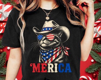 Merica Cat Shirt, Funny 4th Of July USA Tee, Patriotic American Flag Apparel, Retro Independence Day Cat Mom Cat Dad Gift
