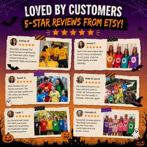 K&ouml;nnte beinhalten: Eine Werbegrafik mit dem Text &bdquo;LOVED BY CUSTOMERS 5-STAR REVIEWS FROM ETSY!&ldquo; zeigt Kundenbewertungen mit Fotos von Menschen, die farbenfrohe Hemden und Kost&uuml;me tragen. Die Bewertungen heben die Qualit&auml;t und Kreativit&auml;t der Produkte hervor.