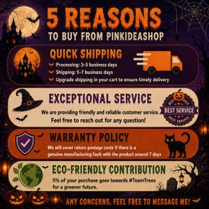 K&ouml;nnte beinhalten: Eine Halloween-Werbung mit einem dunkelvioletten Hintergrund und orangefarbenem Text. Sie listet f&uuml;nf Gr&uuml;nde f&uuml;r den Kauf bei Pinkideashop auf, darunter schneller Versand, au&szlig;ergew&ouml;hnlicher Service und eine Garantie. Das Bild zeigt einen Hexenhut, eine schwarze Katze und K&uuml;rbisse.