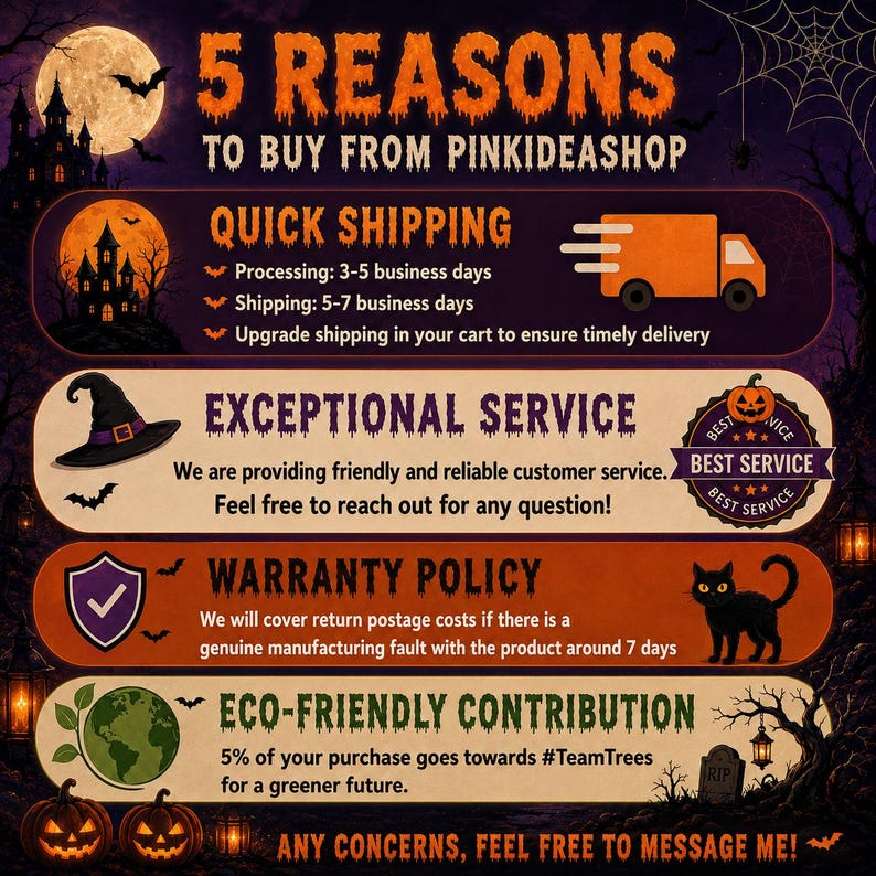 K&ouml;nnte beinhalten: Eine Halloween-Werbung mit einem dunkelvioletten Hintergrund und orangefarbenem Text. Sie listet f&uuml;nf Gr&uuml;nde f&uuml;r den Kauf bei Pinkideashop auf, darunter schneller Versand, au&szlig;ergew&ouml;hnlicher Service und eine Garantie. Das Bild zeigt einen Hexenhut, eine schwarze Katze und K&uuml;rbisse.