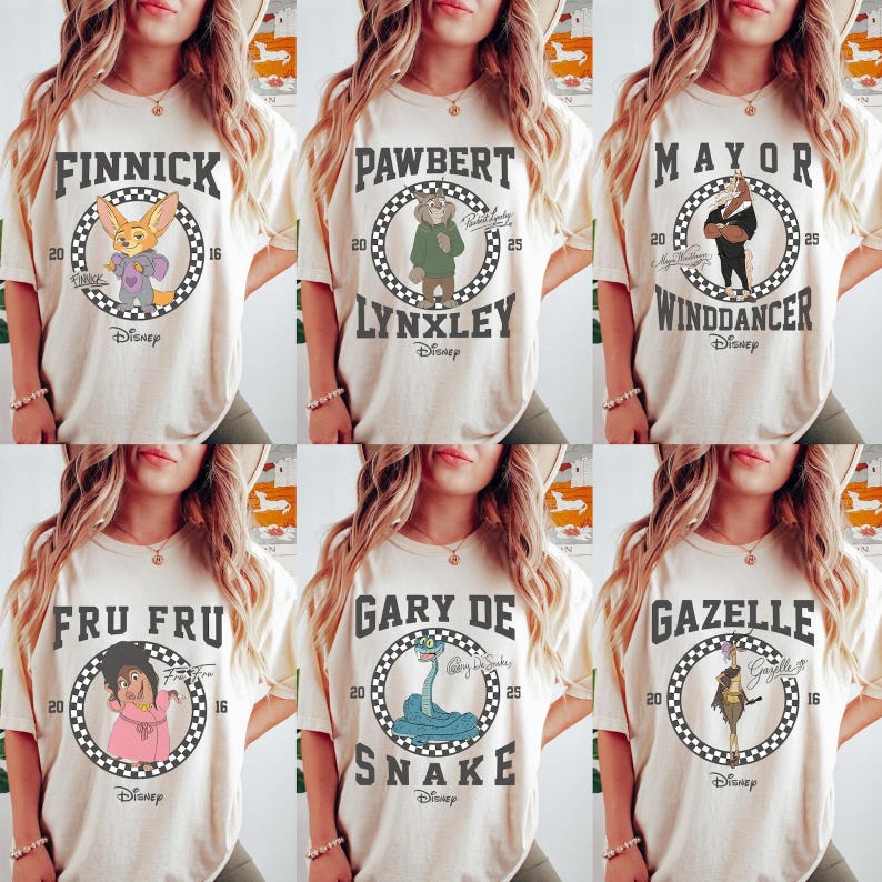 Puede incluir: Seis camisetas color crema con personajes de Disney. Cada camiseta tiene un gr&aacute;fico circular con el nombre y la imagen de un personaje. Los personajes incluyen Finnick, Pawbert Lynxley, Mayor Winddancer, Fru Fru, Gary De Snake y Gazelle.