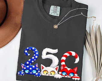 Comfort Colors Patriotic Cat Shirt, USA Flag Kitten Shirt, 4th Of July Cat Lover Tee, USA 250th American Cat Mom Gift Shirt For Women Kids