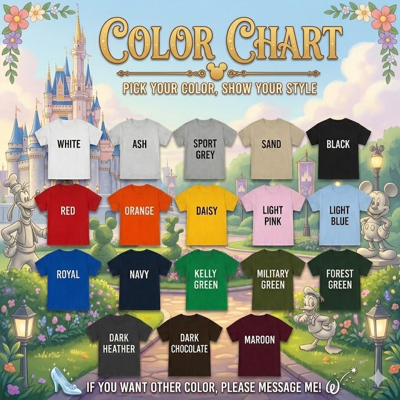 Puede incluir: Una carta de colores muestra varios colores de camisetas, incluyendo blanco, rojo, naranja y negro. El texto "COLOR CHART" y "PICK YOUR COLOR, SHOW YOUR STYLE" est&aacute;n en la parte superior. La imagen incluye personajes de dibujos animados y un castillo.