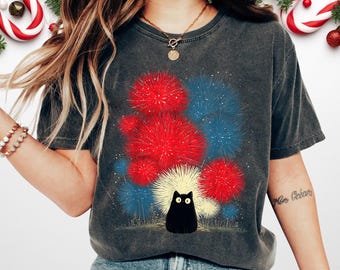 Comfort Colors Funny Cat Fireworks Meme, Patriotic 4th of July Cat Lovers Shirt, Fourth of July T-Shirt, Vintage Patriotic Women Tee