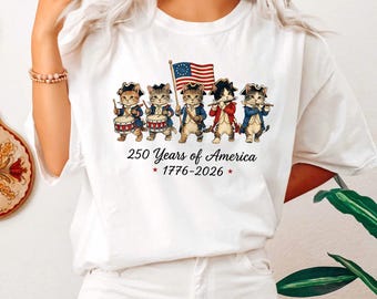 Patriotic Cat Shirt, 4th Of July Cat Lover Tee, USA Flag Kitten Shirt, USA 250th American Cat Mom Gift Shirt For Women Kids